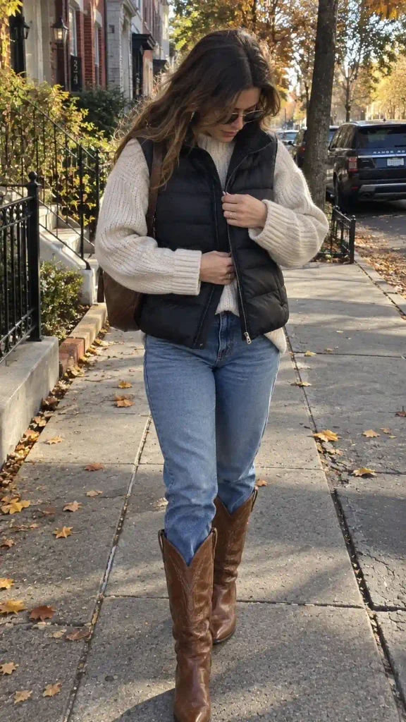 A puffer vest over a chunky knit