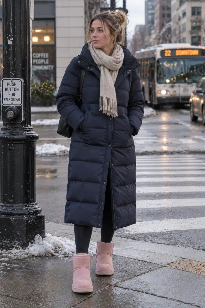 A quilted puffer coat in black