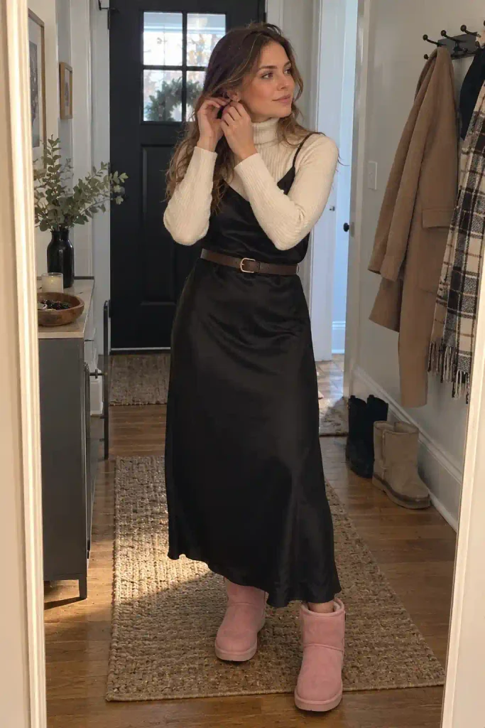 A slip dress layered over a turtleneck