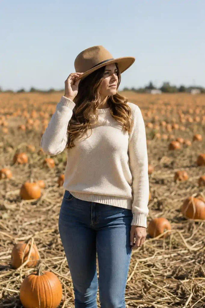A real American woman walks through a pumpkin patch at a slight angle to the camera, wearing a burnt-orange knit sweater, straight jeans, and brown ankle boots, with a canvas tote slung over one shoulder. The sweater shows natural creasing at the elbow from her walking motion, and the tote bag shows a slight slouch from its contents. Her hands are natural and feminine, one lightly brushing a strand of hair from her face mid-stride. Her expression is candid and warm, a soft natural laugh caught mid-moment, not posed. Framed front-facing, close enough that the full outfit is legible from shoulders to boots, as if a friend caught the moment on an iPhone without her fully noticing. Warm golden hour light bathes the scene, with long natural shadows stretching across the dirt path. Background shows rows of pumpkins, a wooden farm cart, and a rustic wooden fence, all softly out of focus behind her.