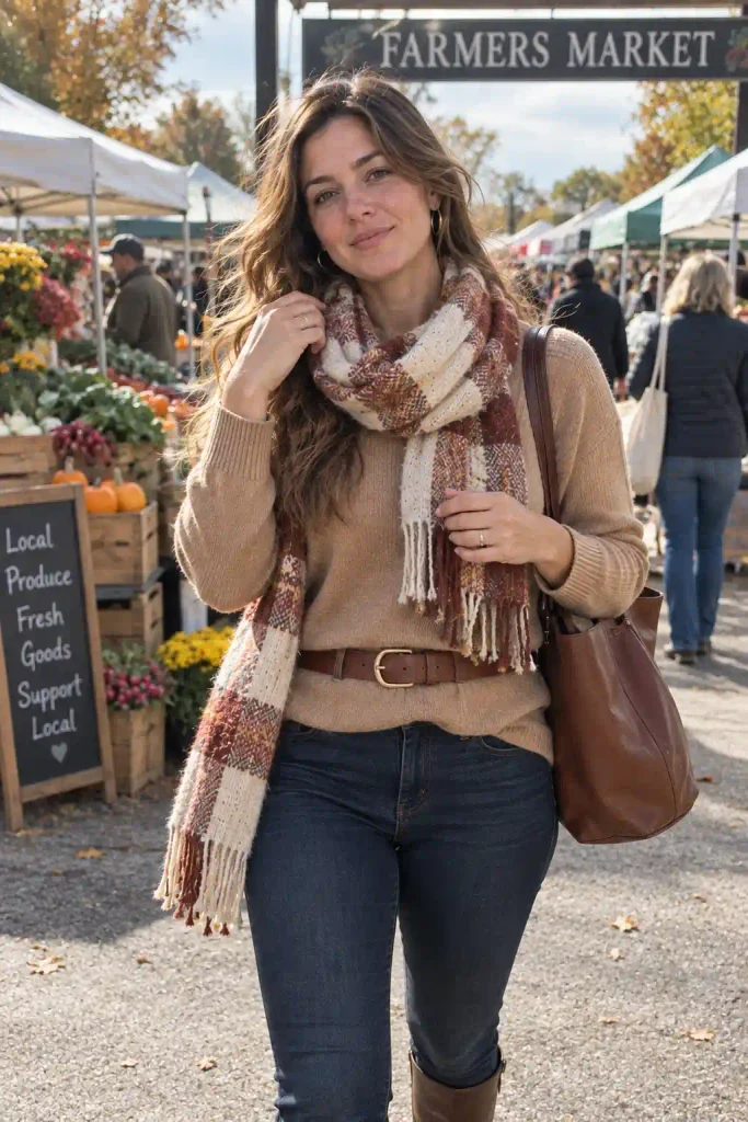 Candid iPhone photo from the front at eye level of a real American woman in her late 20s seated at a wooden dining table, reaching across it for a bowl of rolls, mid-motion. She wears a camel cardigan over a fitted white tee and dark straight-leg jeans, with small gold studs. The cardigan bunches at the elbows and pulls slightly across her shoulders as she reaches, the tee wrinkles at her waist, and the jeans crease at the lap. Natural skin, visible pores, asymmetrical face, loose hair falling forward, slender feminine hands. Neutral, focused expression. Soft diffused daylight from a dining room window, real shadows under her arms. Place settings, autumn candles, and blurred family members behind her. Slight tilt, off-center, grain and mild noise. Outfit visible from head to lap.