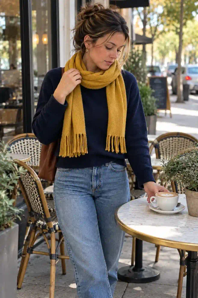 Add a plaid scarf for texture and warmth
