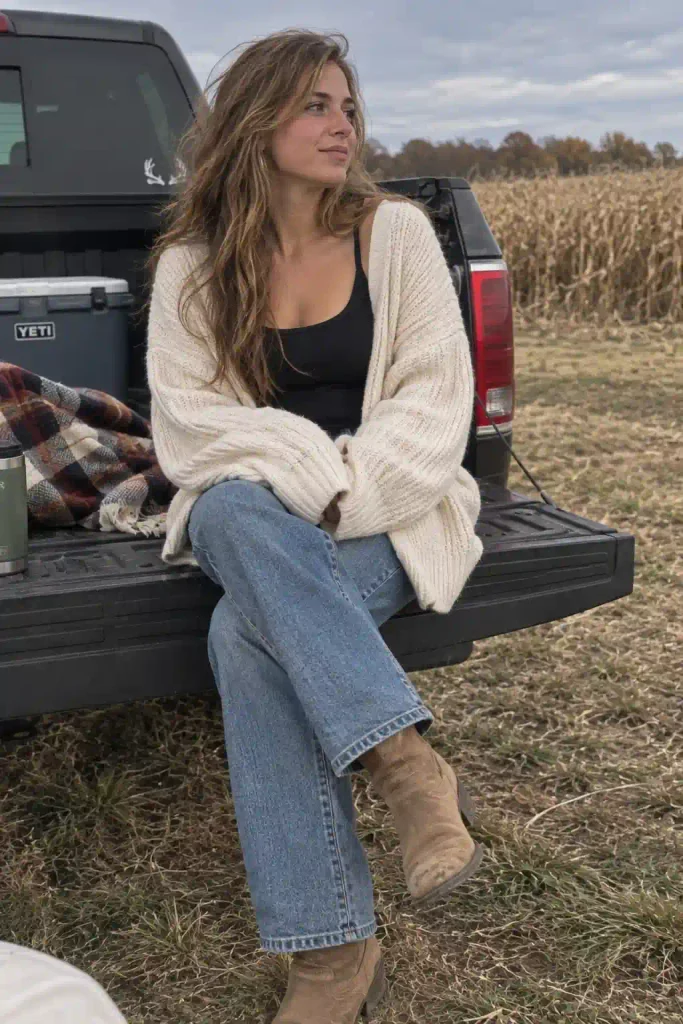 An oversized cardigan over a fit