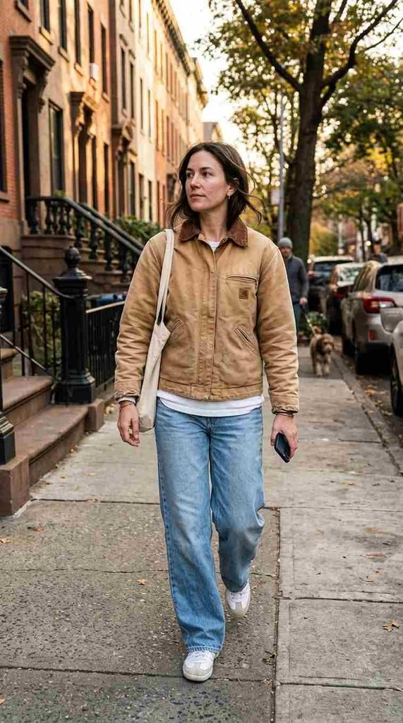 Barn jacket with wide jeans and sneakers
