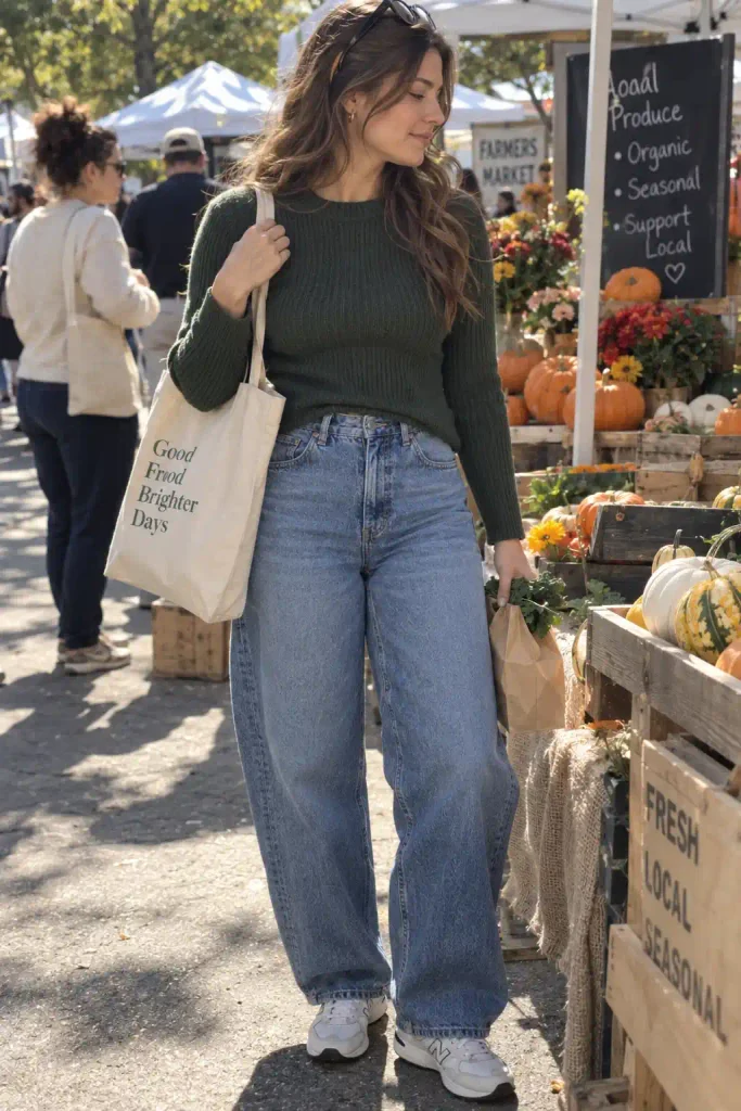Barrel jeans with a ribbed sweater
