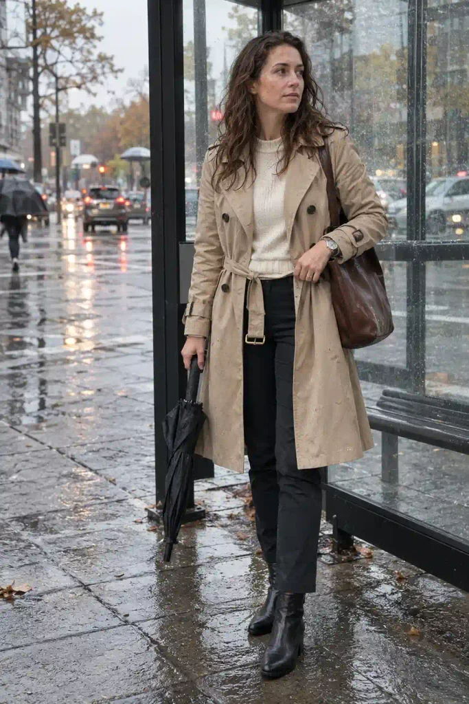 Beige trench over a sweater and trousers