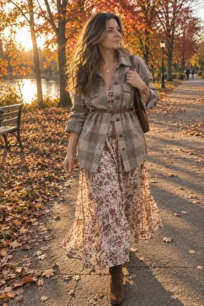 Belted shacket over a maxi dress