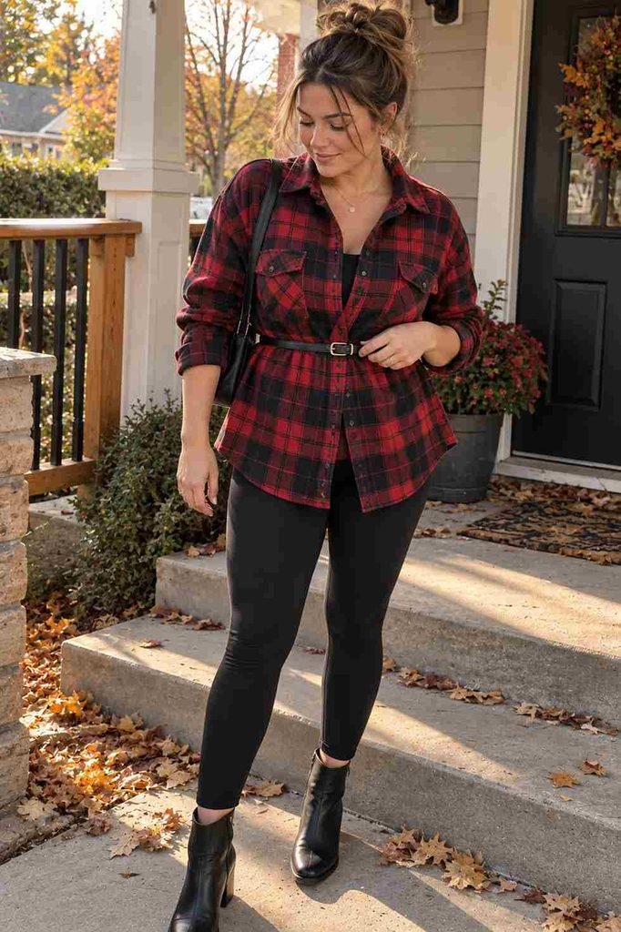 Belted shacket over black leggings