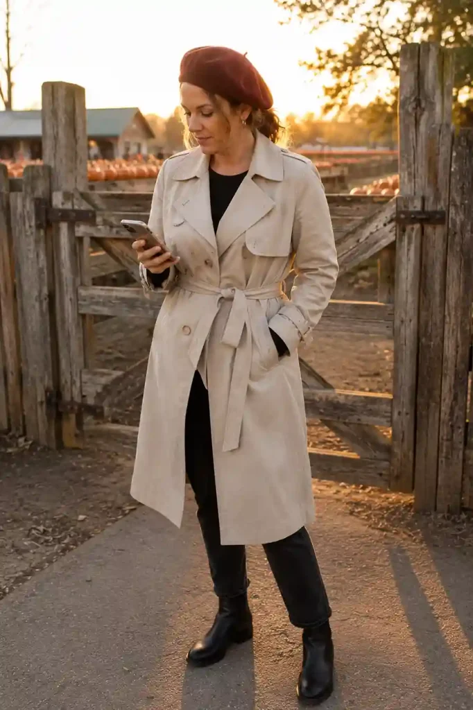 Beret and trench coat combo