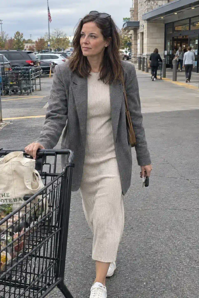 Blazer over a belted shirt dress, ankle