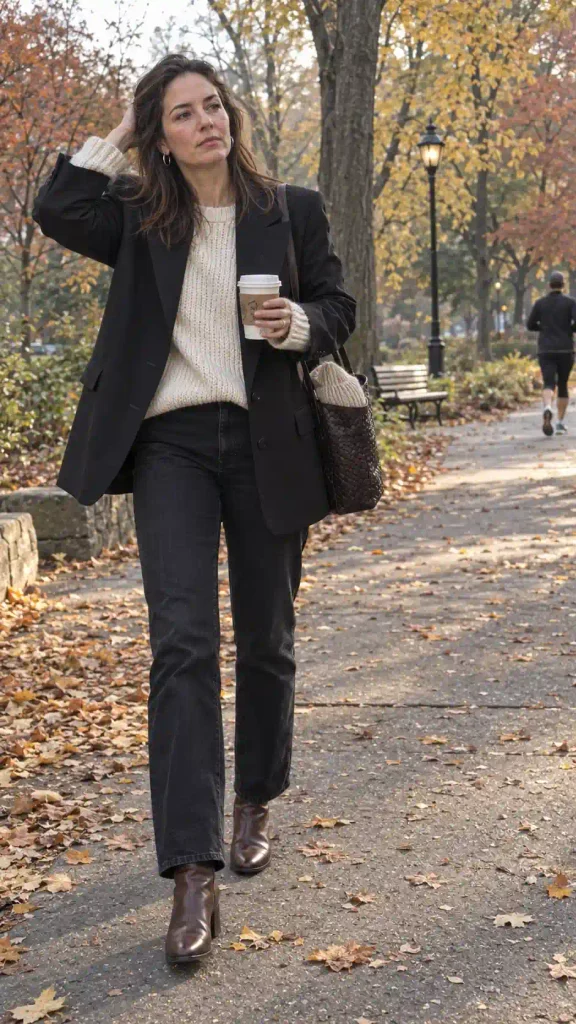 Blazer over a chunky knit sweater