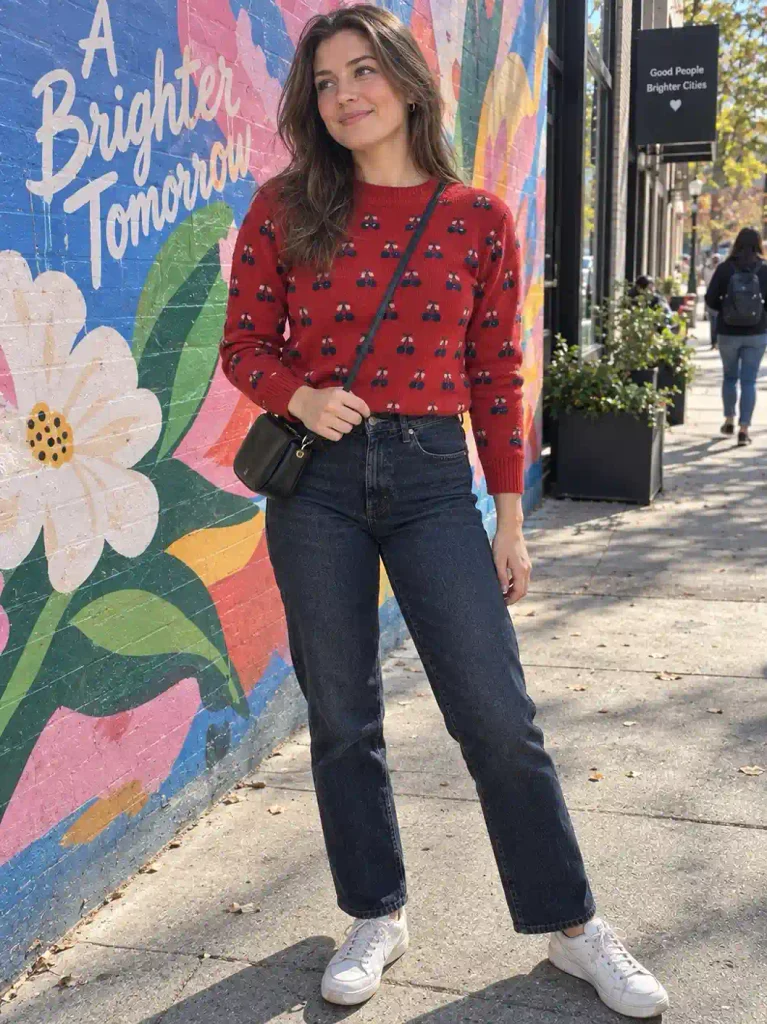 Bold color or printed sweater