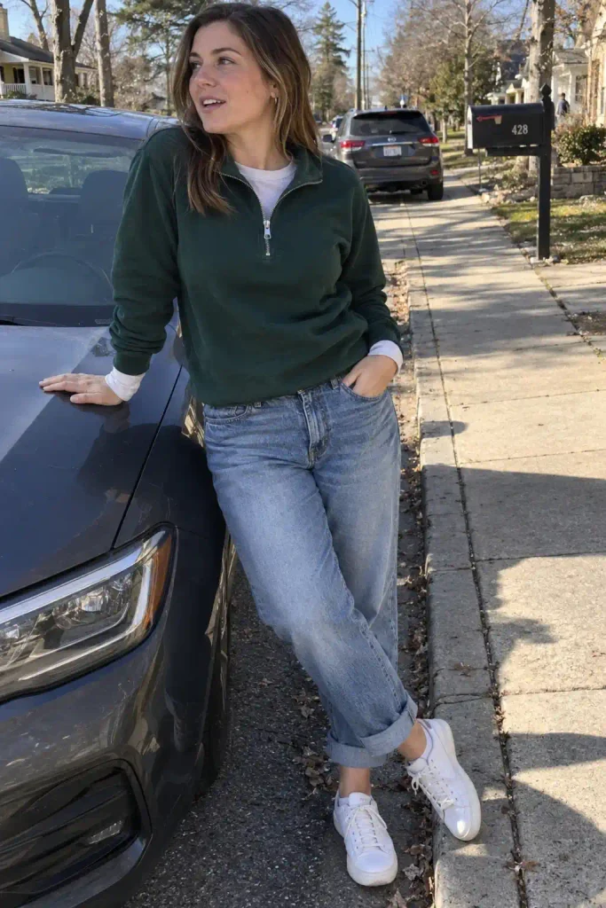 Boyfriend jeans with a half-zip sweater