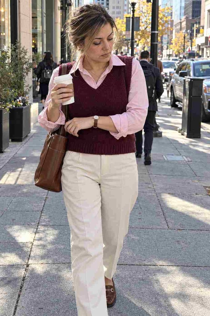Burgundy knit vest over