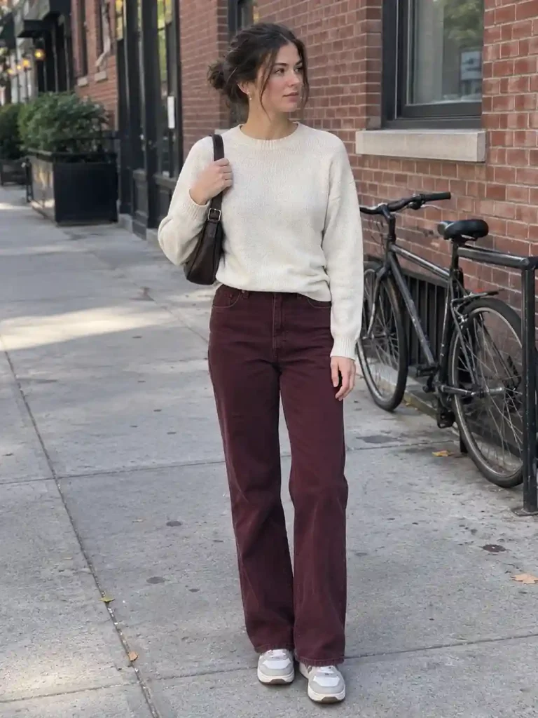 Burgundy or wine-colored jeans