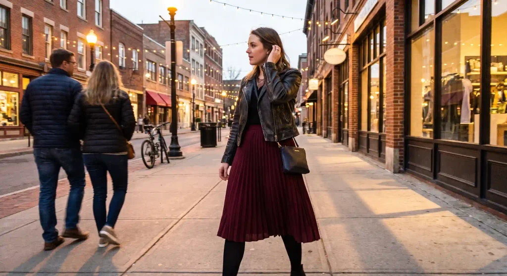 Burgundy pleated skirt with matte black tights and a leather jacket. The contrast between soft pleats and hard leather is genuinely one of my favorite fall combinations.