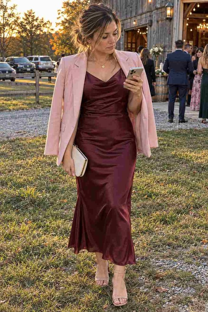 Burgundy satin slip dress with
