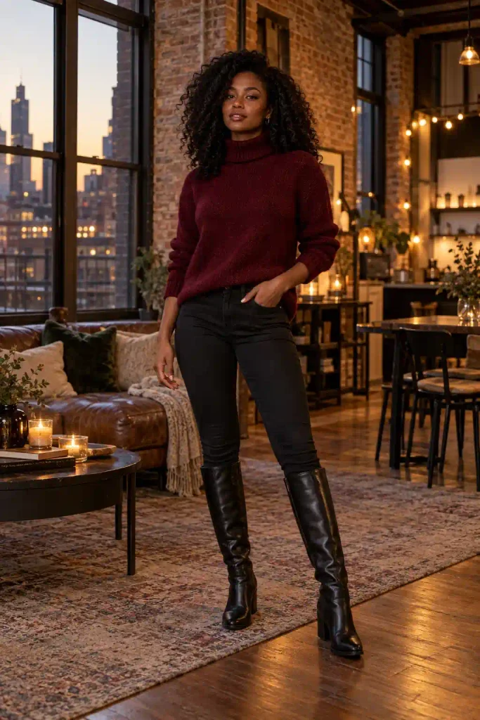 Burgundy turtleneck with black skinny jeans