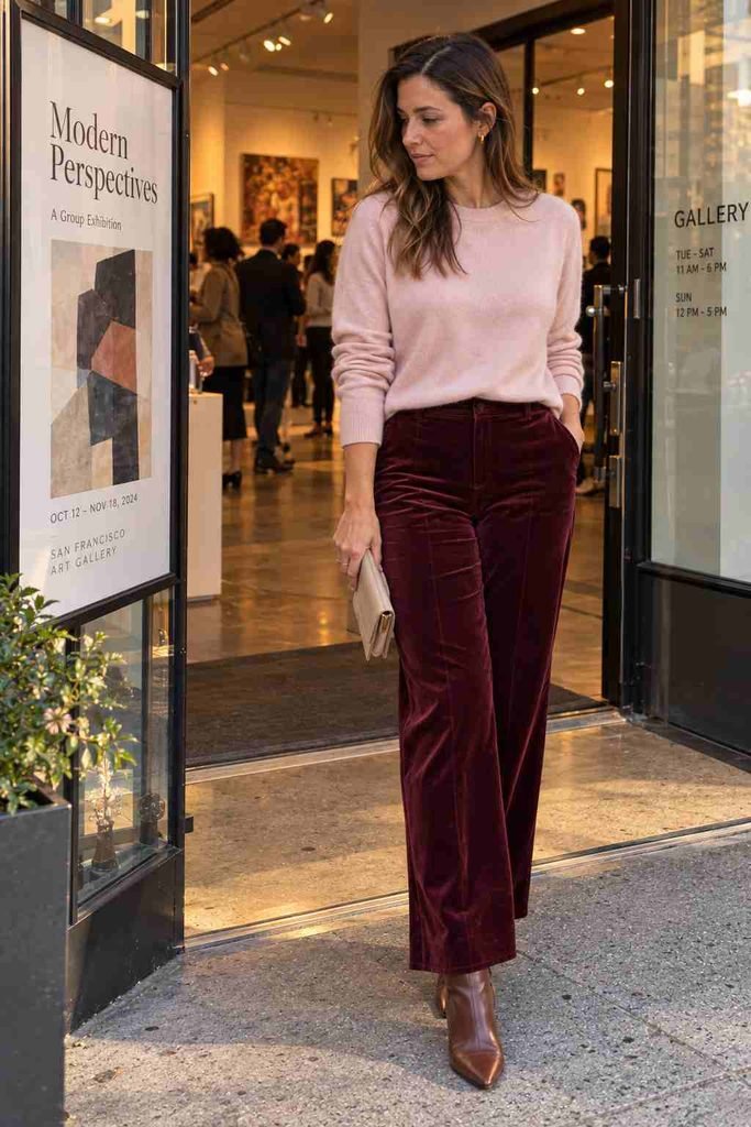 Burgundy velvet trousers with a