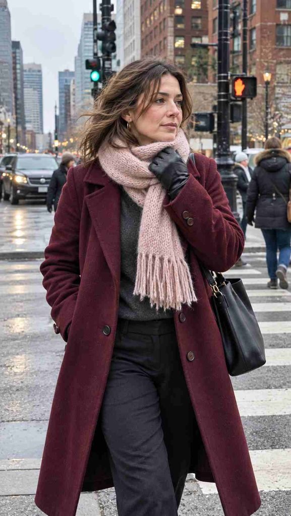 Burgundy wool coat with a