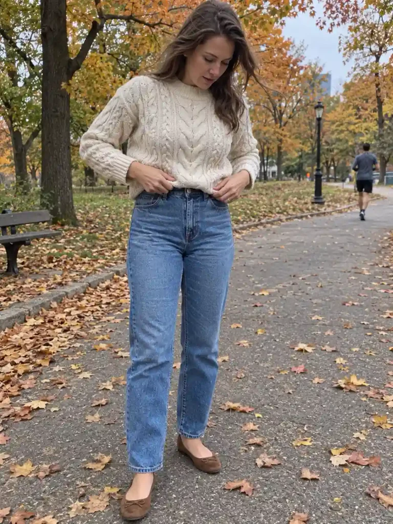 Cable-knit sweater tucked