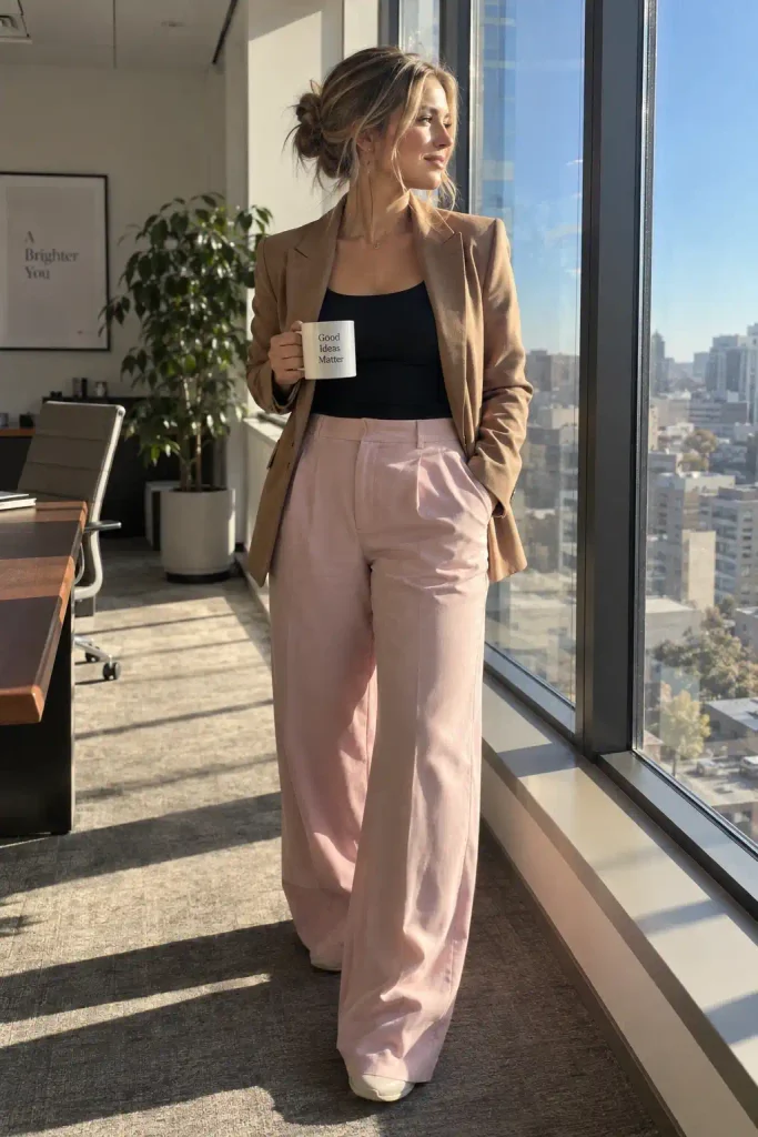 A photorealistic candid iPhone-style photograph of a real American woman casually sitting on the edge of a desk in a bright modern office. She wears a **dusty rose fitted knit top** with visible natural ribbing and subtle stretch across the shoulders, paired with **light pink wide-leg trousers** in a slightly lighter tonal shade. The two pink tones are close but clearly distinguishable through their different fabrics, textures, and drape.
Her wide-leg trousers fall naturally in soft folds over her crossed ankles. She holds a **closed laptop tucked casually under one arm**, while glancing toward the office door as if someone has just walked in. Her expression is relaxed and spontaneous, with a subtle natural smile and an unposed, everyday demeanor.
The office environment feels authentic and lived-in, with an **open laptop on the desk, a coffee cup, scattered everyday desk details, and a large office window softly blurred in the background**, city light filtering through. Soft diffused daylight illuminates the scene, creating gentle, realistic shadows across her lap, clothing, and desk surface.
Capture the image like a spontaneous **iPhone candid**, slightly off-center composition, natural perspective, imperfect framing, realistic depth of field, subtle motion and environmental imperfections. Preserve **visible skin texture, natural pores, fine facial details, realistic hands and fingers, natural body proportions, and slight asymmetry in her facial features**. Clothing should show authentic wrinkles, seams, knit texture, and fabric tension rather than looking digitally perfect.
**Photorealistic, editorial lifestyle photography, natural daylight, authentic office atmosphere, realistic materials, understated color palette, candid moment, no studio posing, no artificial glamour retouching, no excessive bokeh, no plastic skin, no distorted anatomy.**