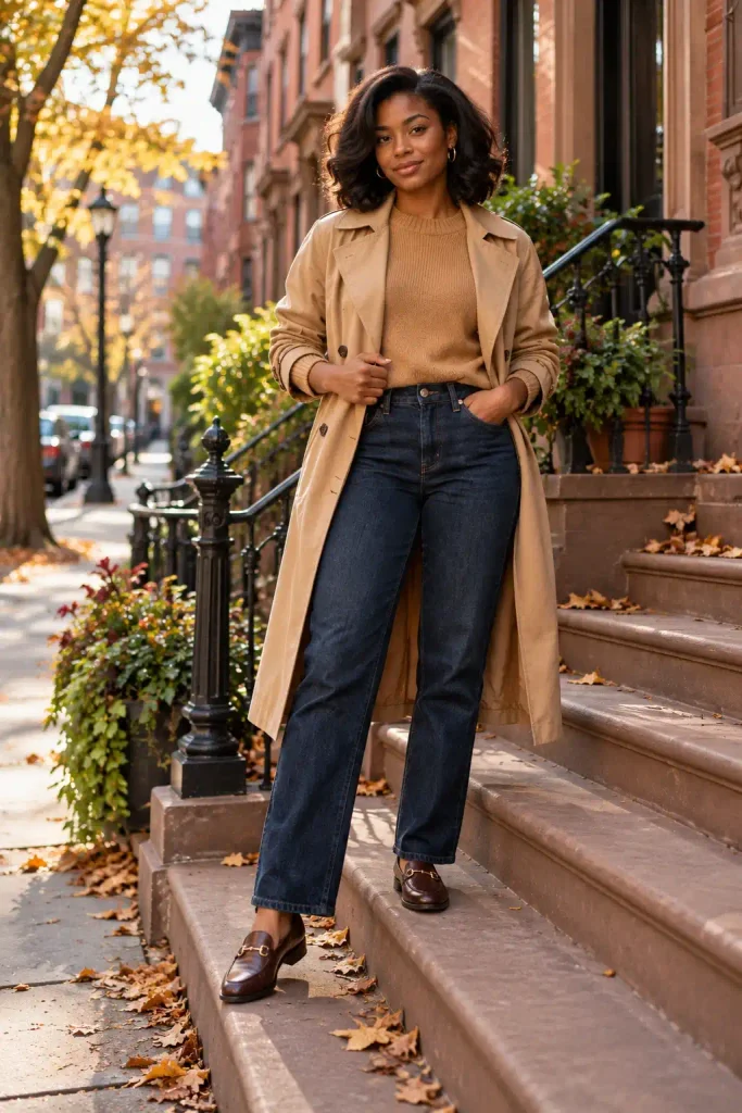 Camel crewneck with tailored