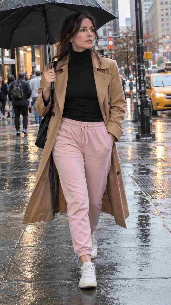 Camel trench with a black turtleneck