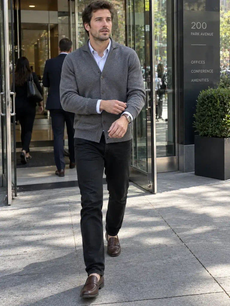 Cardigan over a collared shirt