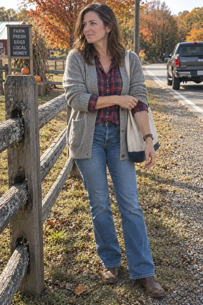 Cardigan over a plaid flannel shirt
