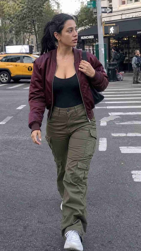 10. Cargo pants, bodysuit and a satin bomber