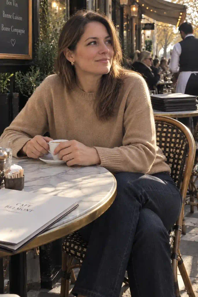 Cashmere sweater with tailored jeans