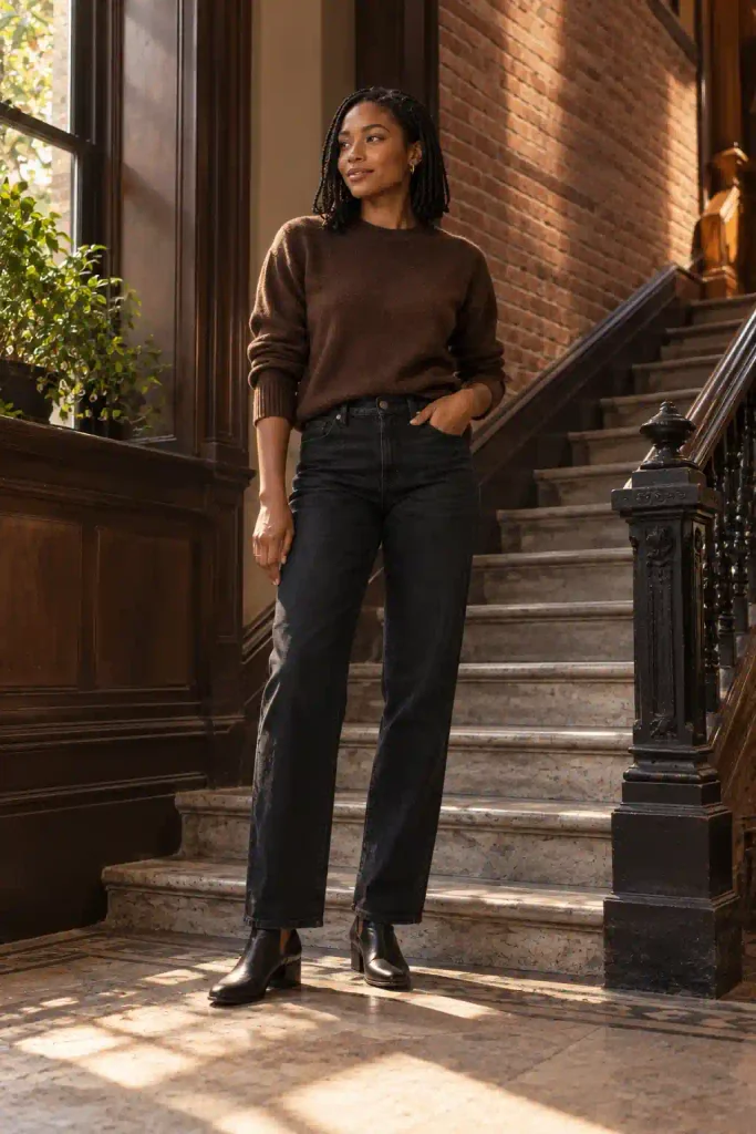 Chocolate brown sweater with black jeans