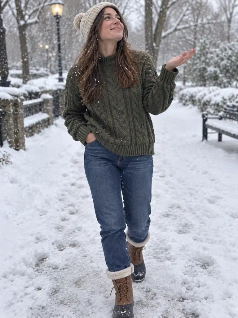 Chunky cable-knit olive sweater