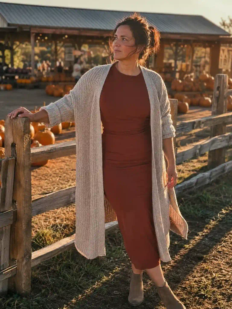 Chunky cardigan over a simple dress