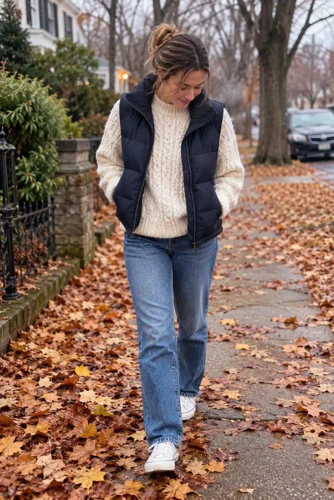 Chunky cream knit with straight jeans