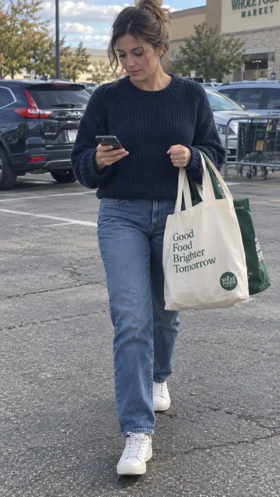 Chunky knit navy sweater with relaxed jeans