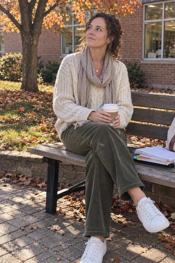 Corduroy pants and a chunky knit