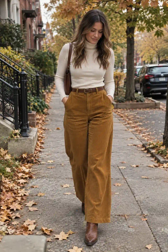 Corduroy pants and a turtleneck
