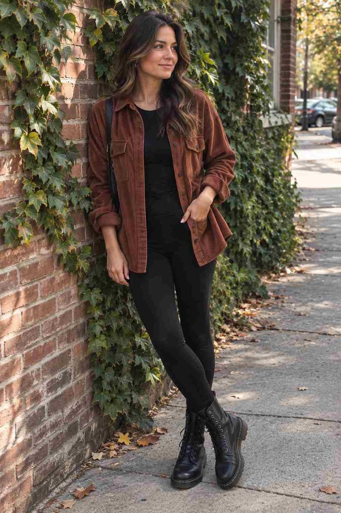 Corduroy shirt jacket over leggings