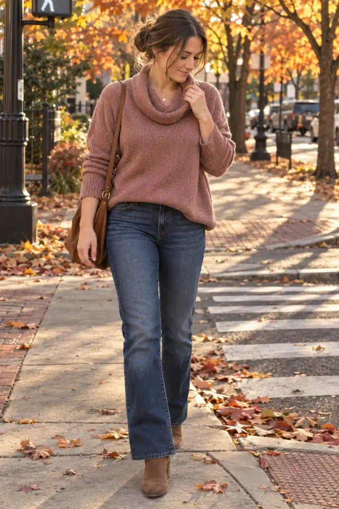 Cowl neck sweater with suede booties
