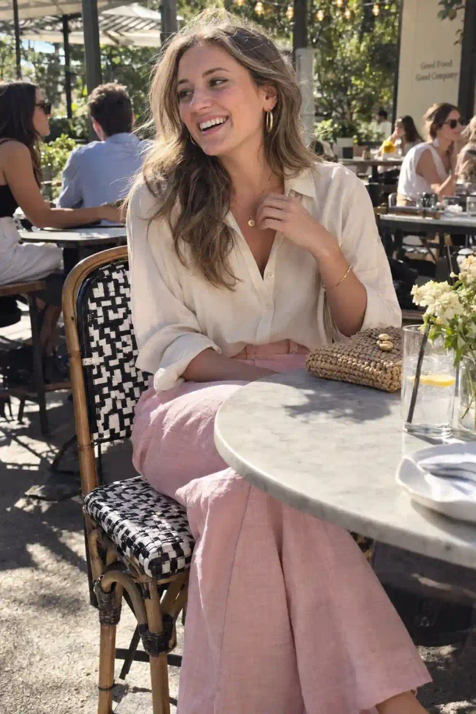 Cream blouse and gold jewelry