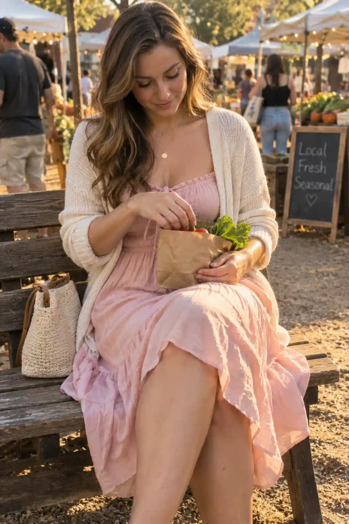 Cream cardigan over a pink sundress