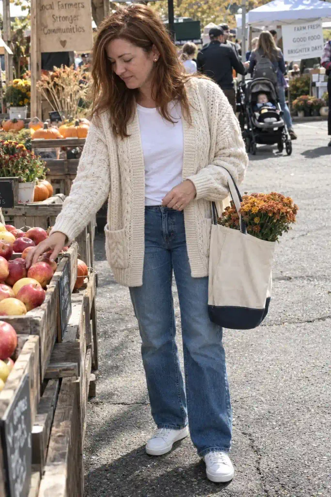 1. Cream chunky cardigan with straight-leg mid-wash jeans