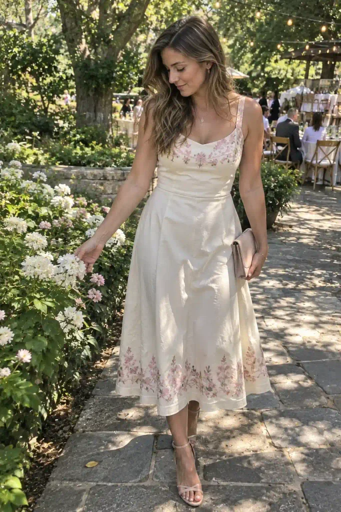 Cream midi dress with pink floral embroidery