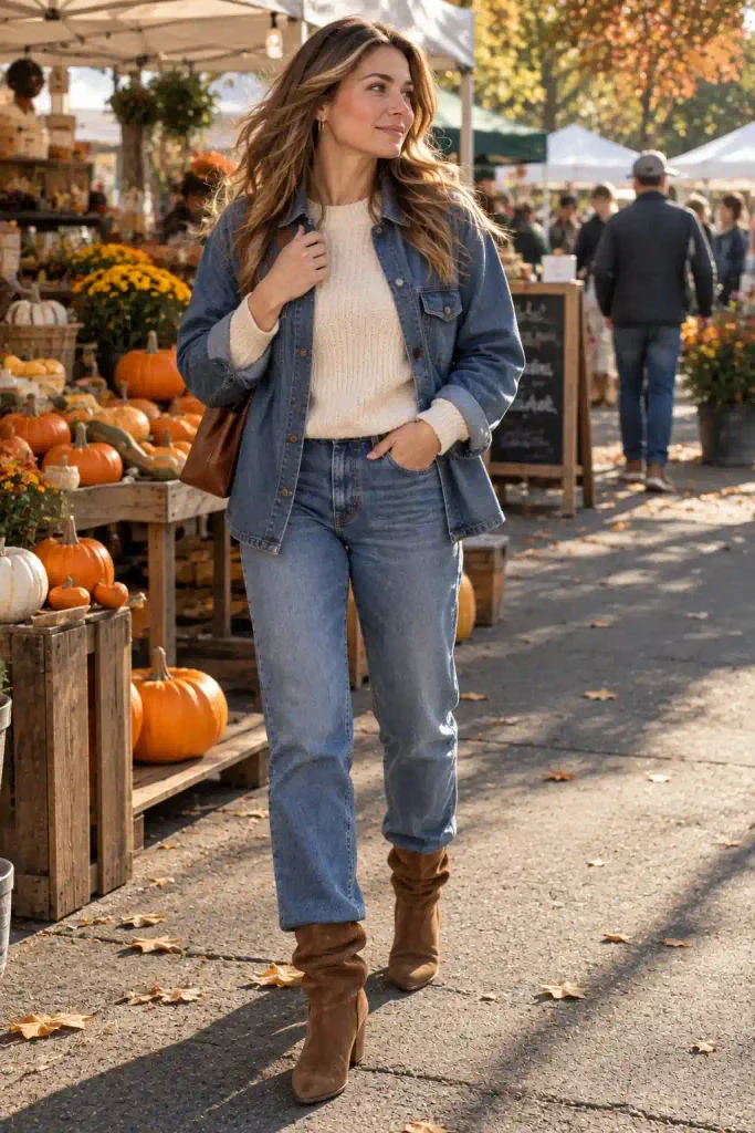 Cream sweater layered under a denim shirt jacket