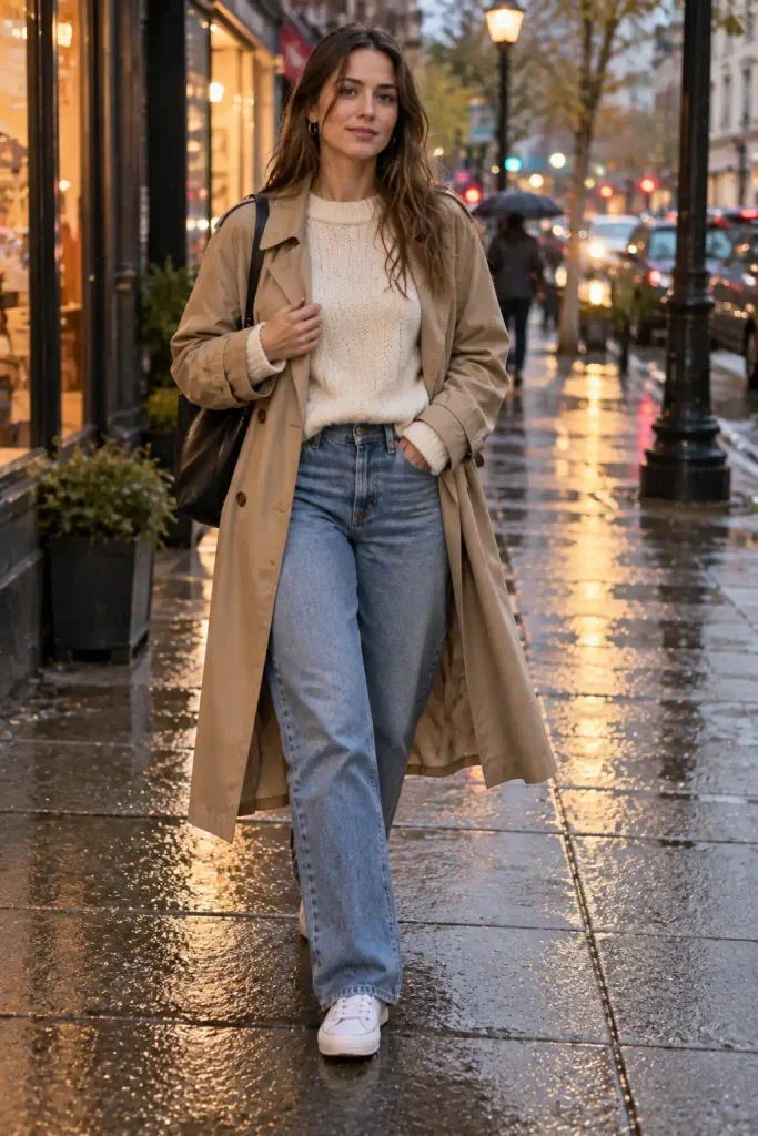Cream sweater tucked into tailored