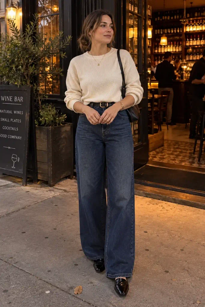 Cream sweater tucked, wide-leg