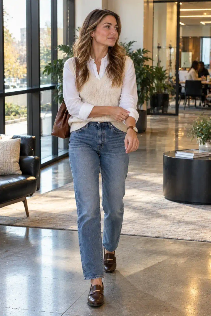 Cream sweater vest layered over a button