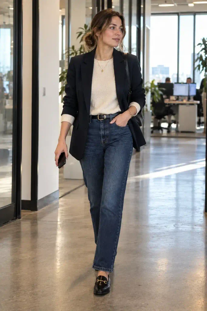 Cream sweater with dark straight jeans